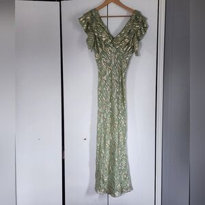 Never Fully Dressed Sage Green Maxi Dress with Gold Metallic Detail